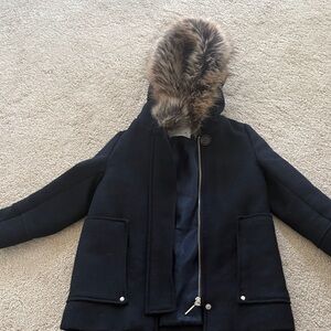 Kids navy Hooded Coat with Faux Fur Trim